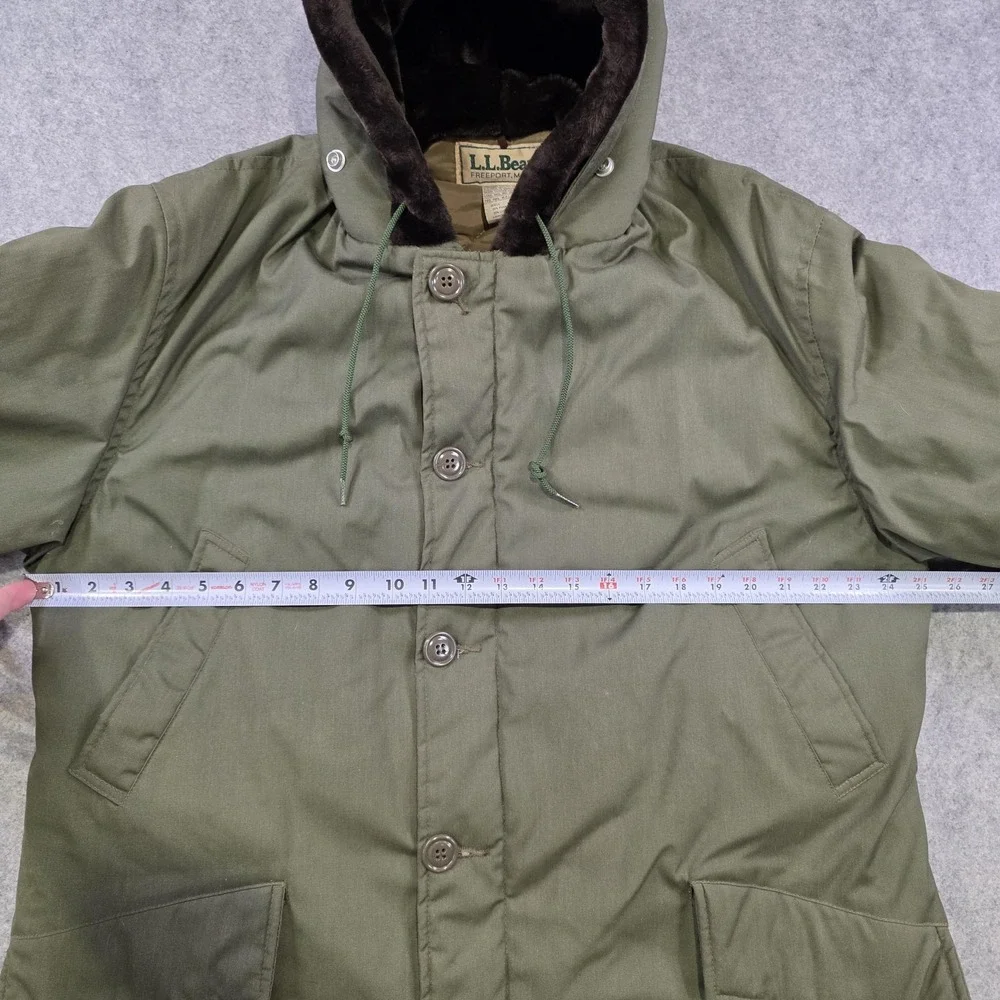 VTG LL Bean Parka Coat Mens 44 Green Hooded Canvas Fur Lined Insulated Military